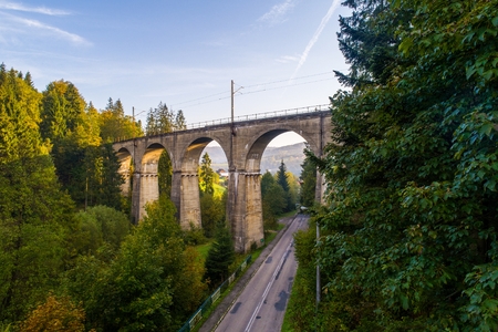Aerial view of railway viaduct. Wisla, Silesian Beskid, Polandの写真素材