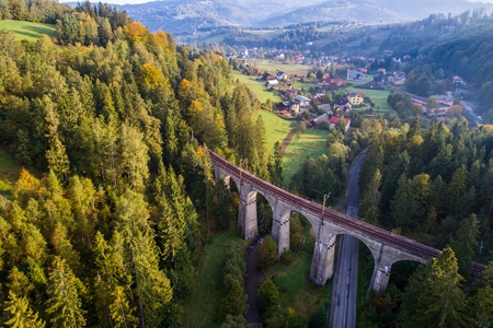 Aerial view of railway viaduct. Wisla, Silesian Beskid, Polandの写真素材