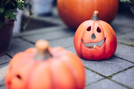 Halloween decoration pumpkin with tea light inside. Happy Halloweenの写真素材