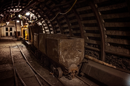 Transport wagon in underground coal mine tunnelの写真素材