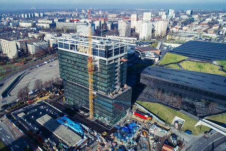 Skyscraper construction with working crane in Katowice, Silesia, Polandのeditorial素材