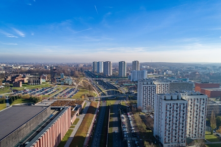 Aerial view on road and residential buildings in Katowice, Silesia, Polandの写真素材