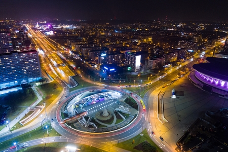 Aerial drone view of roundabout in Katowice at night. Silesia, Polandの写真素材