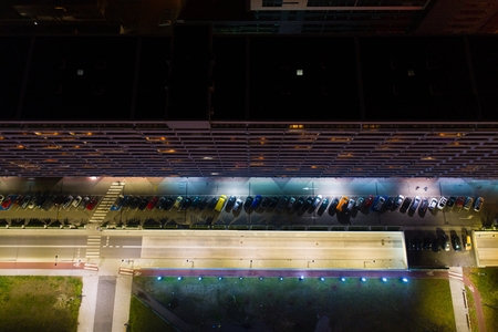 Aerial drone view of car parking in Katowice at night. Silesia, Polandの写真素材