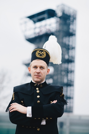 Black coal foreman miner in gala uniform. Polish miner. Katowice, Silesia, Polandの写真素材