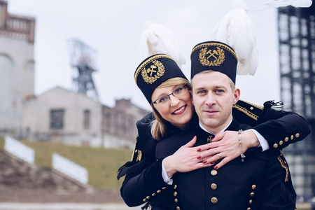 Happy black coal foreman miners family. Polish miners. Katowice, Silesia, Polandの写真素材