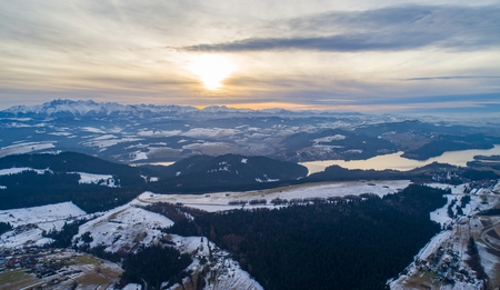 Aerial drone view on Polish Tatra mountains and Czorsztyn Lake. Kroscienko, Grywald, Polandの写真素材