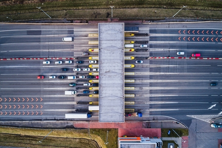 Aerial drone view on toll collection point on the motorwayの写真素材