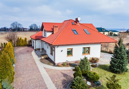 Aerial drone view on single family house in Polandの写真素材