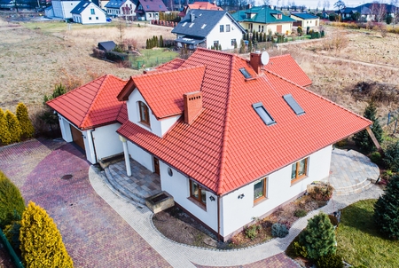 Aerial drone view on single family house in Polandの写真素材