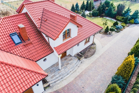 Aerial drone view on single family house in Polandの写真素材