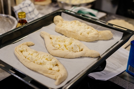 Raw traditional khachapuri. Georgian cheese bread. Georgian foodの写真素材