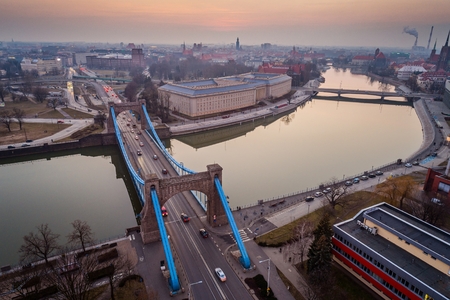 Aerial drone view on Grunwald Bridge over Odre River in Wroclaw. Breslau, Lower Silesia, Polandの写真素材