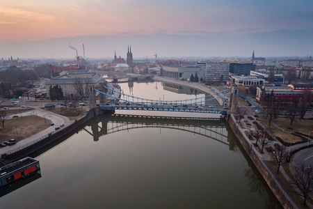 Aerial drone view on Grunwald Bridge over Odre River in Wroclaw. Breslau, Lower Silesia, Polandのeditorial素材