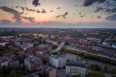 Aerial drone view on Zabrze city at dusk. Zabrze, Silesia, Polandの写真素材