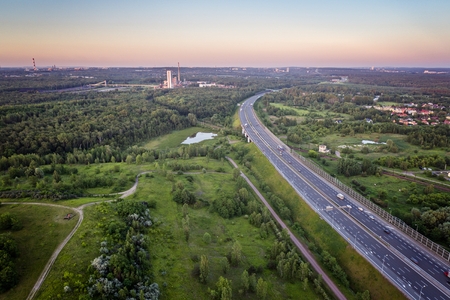 Aerial view on A4 motorway through Silesia. Zabrze, Silesia, Polandの写真素材