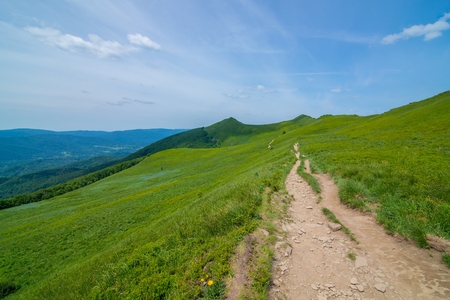 Beautiful Polonina Wetlina mountain trail in Polish Bieszczady Mountainsの写真素材