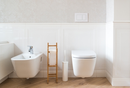 White ceramic toilet and bidet in modern restroomの写真素材