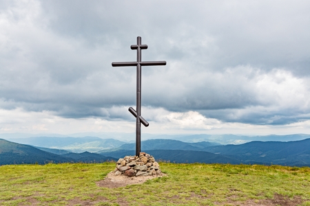 Orthodox cross on Polonina Rowna. Carpathian Mountains in Ukraineの写真素材
