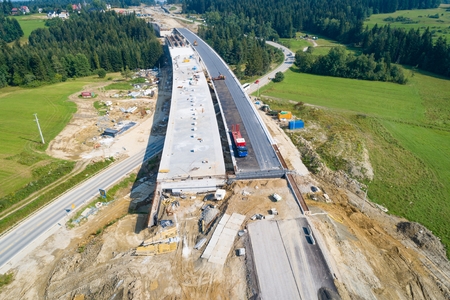 Aerial drone view on viaduct under construction. Construction of the viaduct on the national road number 7 in Polandの写真素材