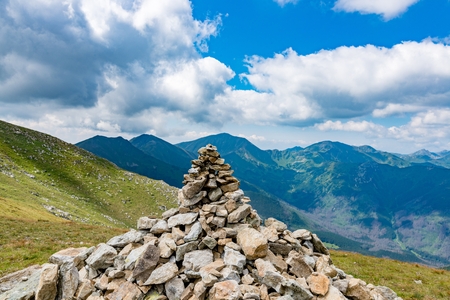 Mound of stones on mountain trail. Polish Tatra mountains. Zakopane, Polandの写真素材