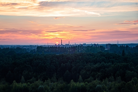 Sunset over industrial zone in Gliwice, Silesia, Polandの写真素材