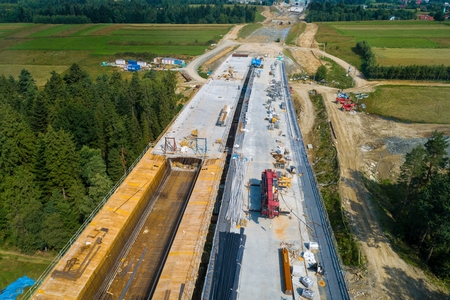 Aerial drone view on road construction. Road worksの写真素材