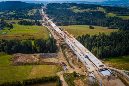 Aerial drone view on highway construction. Road works. Road constructionの写真素材