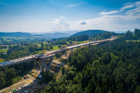 Aerial drone view on motorway construction. Road works. Road constructionの写真素材