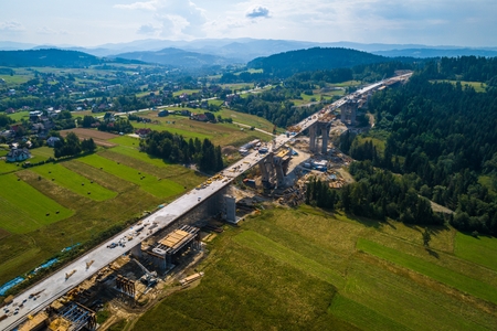Aerial drone view on motorway construction. Road works. Road constructionの写真素材