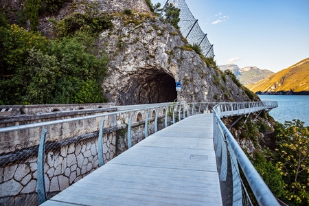 Terraced bike path over Lake Garda in Limone sul Garda. Italy, Lombardyの写真素材