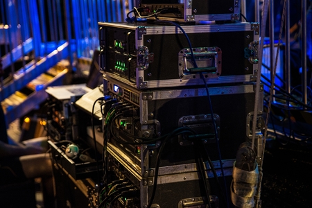 Music audio amplifiers and dj mixing console on concertのeditorial素材