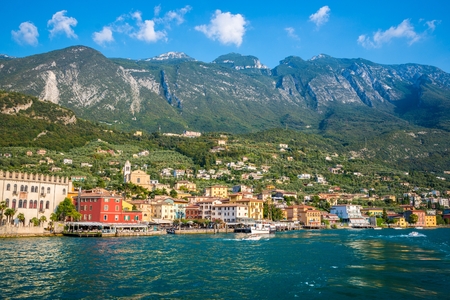 Panoramic view on Limone sul Garda from boat on Garda Lakeのeditorial素材