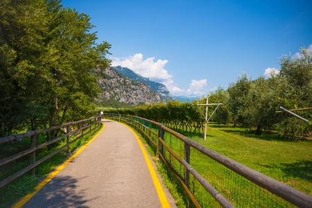 Beautiful scenic bike road through vineyards and mountains from Riva del Garda to Arco, Italyの写真素材
