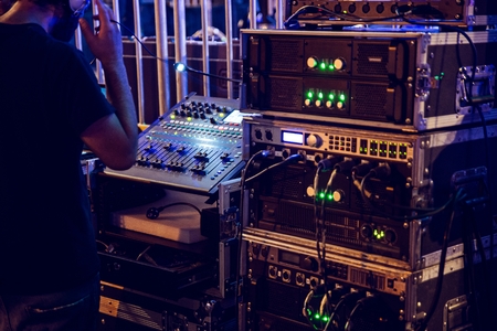 Dj mixing console and music audio amplifiers on concertのeditorial素材