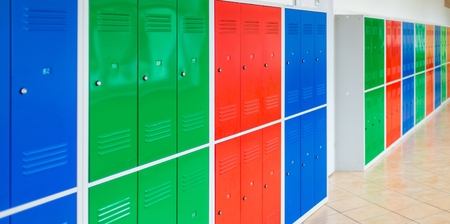 Colorful school metal lockers in a row in school hallの写真素材