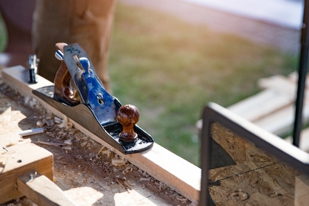 Woodworking carpenter's wood shaving plane and toolsの写真素材