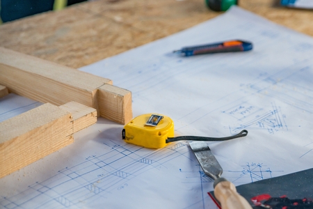 House construction project. Woodworking, construction conceptの写真素材