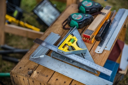Carpenter's tools on table. Renovation, construction conceptの写真素材
