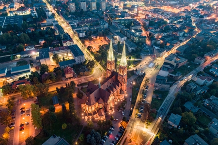 Aerial drone view on Basilica and city center in Rybnik. Rybnik is a city in southwestern Poland, in the Silesian Voivodeship.のeditorial素材