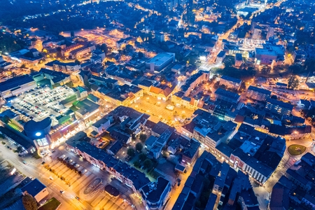 Aerial drone view Rybnik main square at night. Rybnik is a city in southwestern Poland, in the Silesian Voivodeship.のeditorial素材