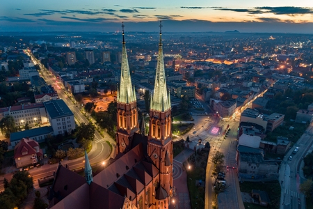 Aerial drone view on Basilica and city center in Rybnik. Rybnik is a city in southwestern Poland, in the Silesian Voivodeship.のeditorial素材