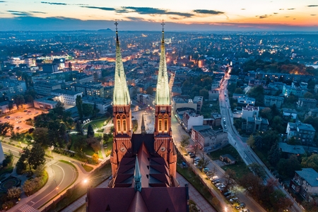 Aerial drone view on Basilica and city center in Rybnik. Rybnik is a city in southwestern Poland, in the Silesian Voivodeship.のeditorial素材