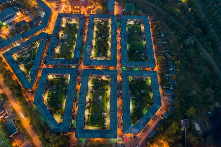 Aerial drone view on Nikiszowiec coal miners' settlement and district in Katowice. Katowice, Silesia, Polandのeditorial素材