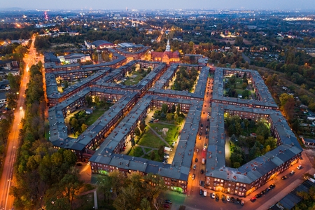 Aerial drone view on Nikiszowiec coal miners' settlement and district in Katowice. Katowice, Silesia, Polandのeditorial素材