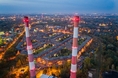 Aerial drone view on Nikiszowiec coal miners' settlement and district in Katowice. Katowice, Silesia, Polandのeditorial素材
