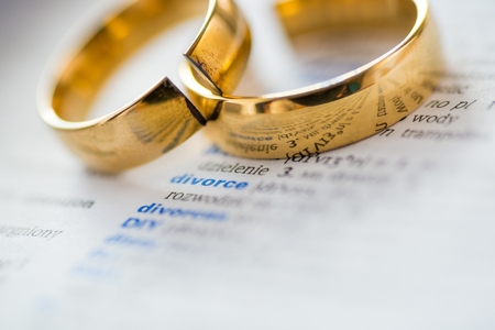 Two broken wedding rings on divorce word in dictionary. Divorce and separation concept