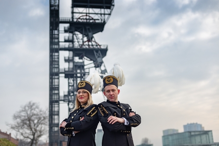 Black coal miners family in gala parade uniforms, Silesia, Polandの写真素材