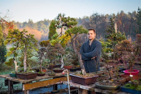 Young man bonsai artist in his bonsai farm. Small business conceptの写真素材