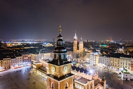 Aerial drone view Cracow old town and city main square at night. Cracow, Lesser Polandの写真素材